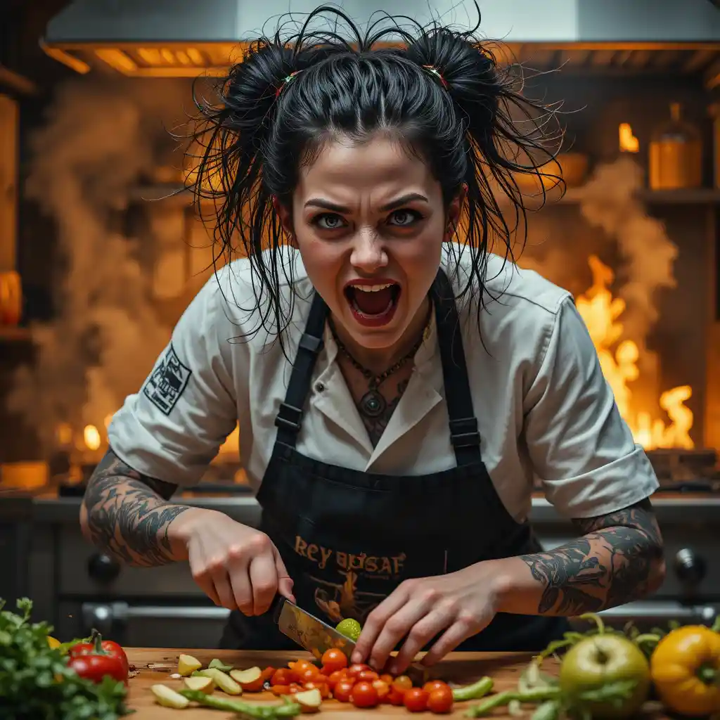Frenzied female chef chopping vegetables before a burning stove