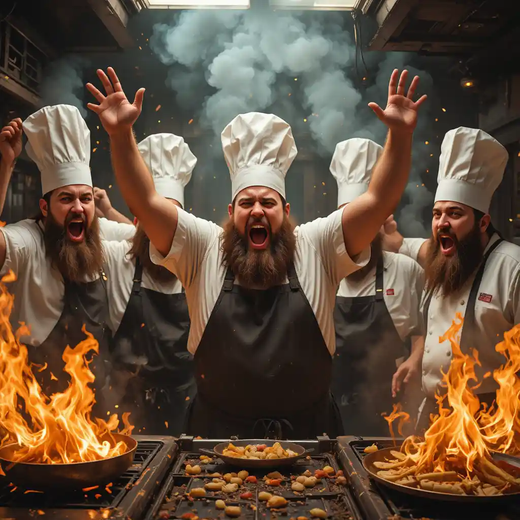 Angry chefs shouting in a chaotic flaming kitchen