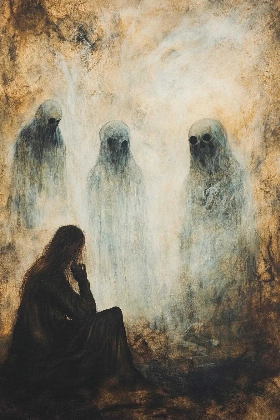 Mysterious spirits emerging from a surreal afterlife realm