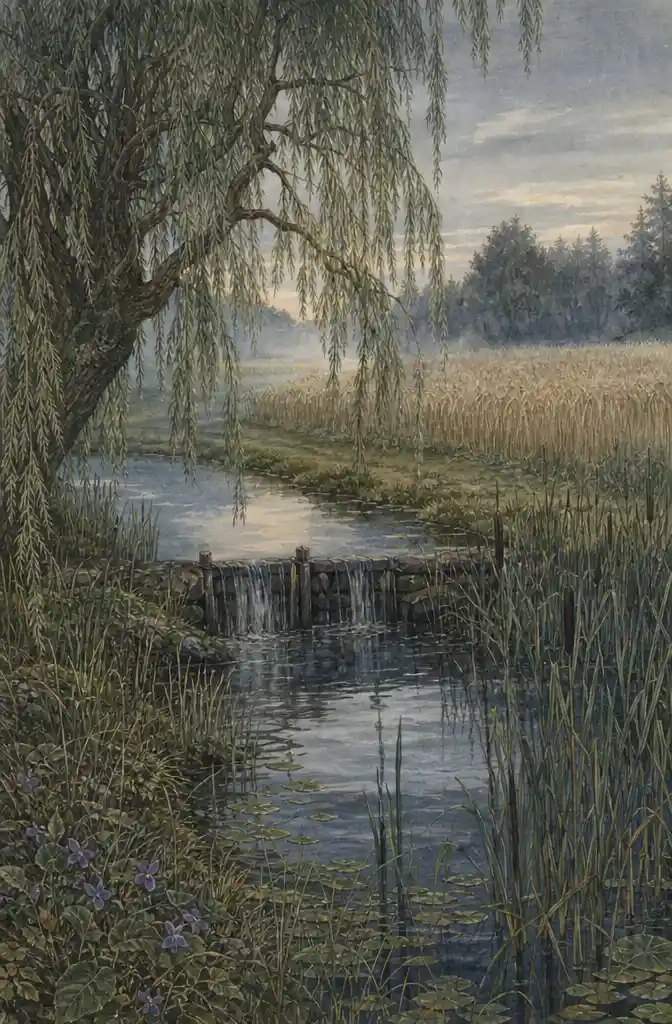 Willow Tree Over Dam At Dawn With Grassy Riverside