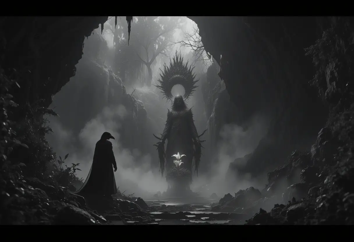 Mythic gods meeting in a misty underworld landscape