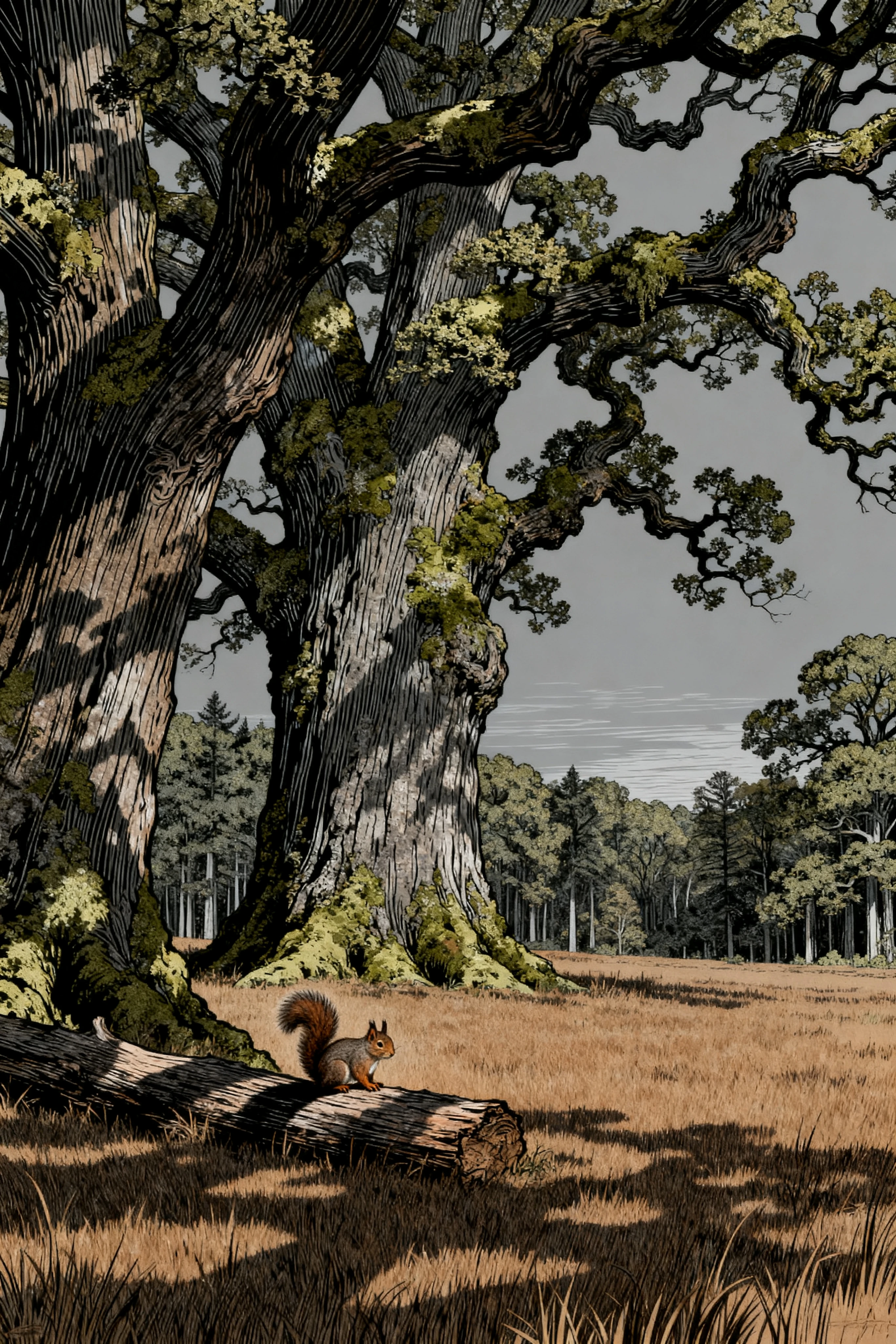 Ardilla sobre Tronco del Bosque en Ilustración de Arte Lineal Intrincado