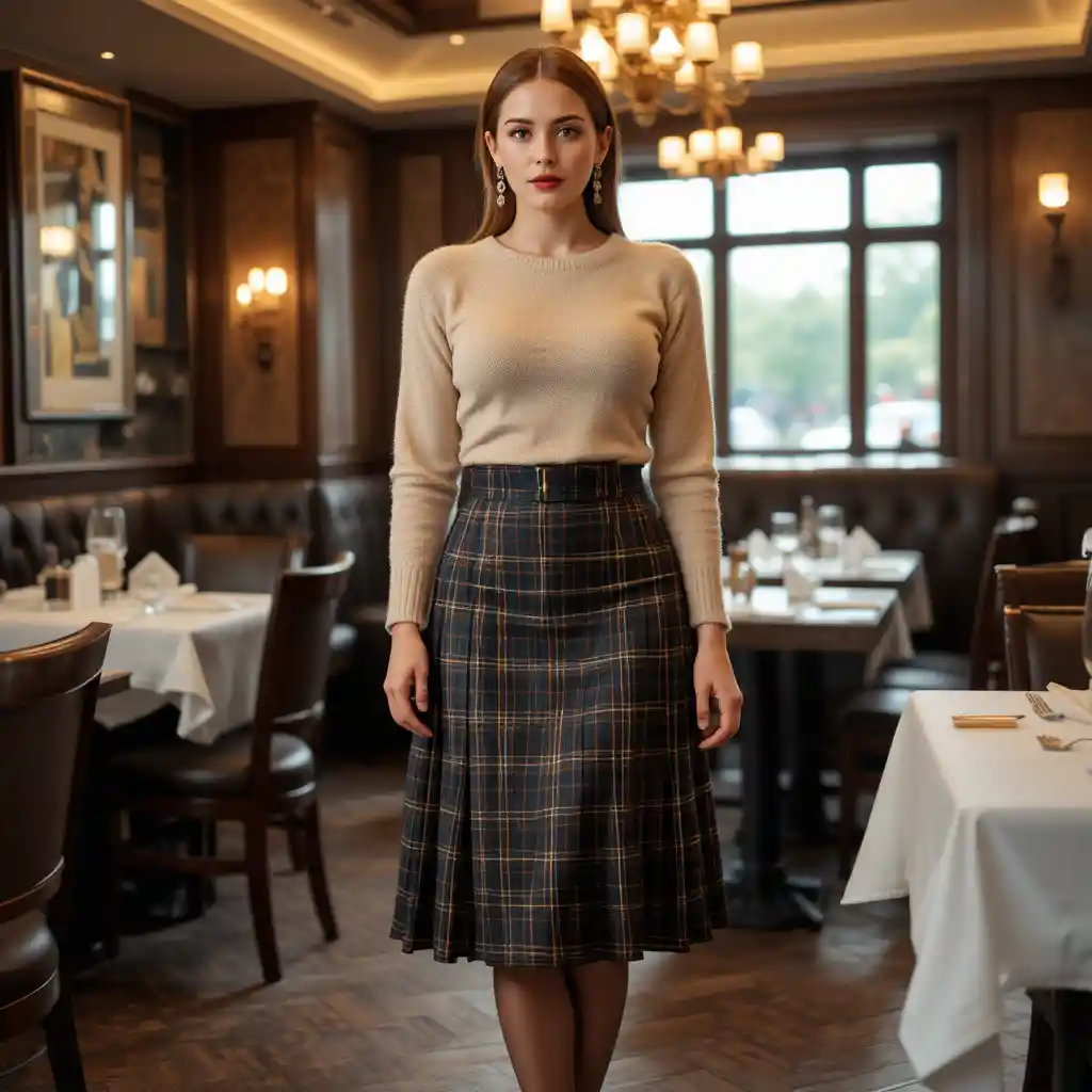 Woman in kilt and heels standing in a lit restaurant