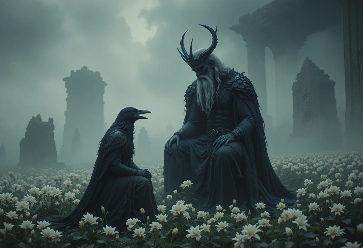 Mythic meeting in the foggy underworld with death goddess