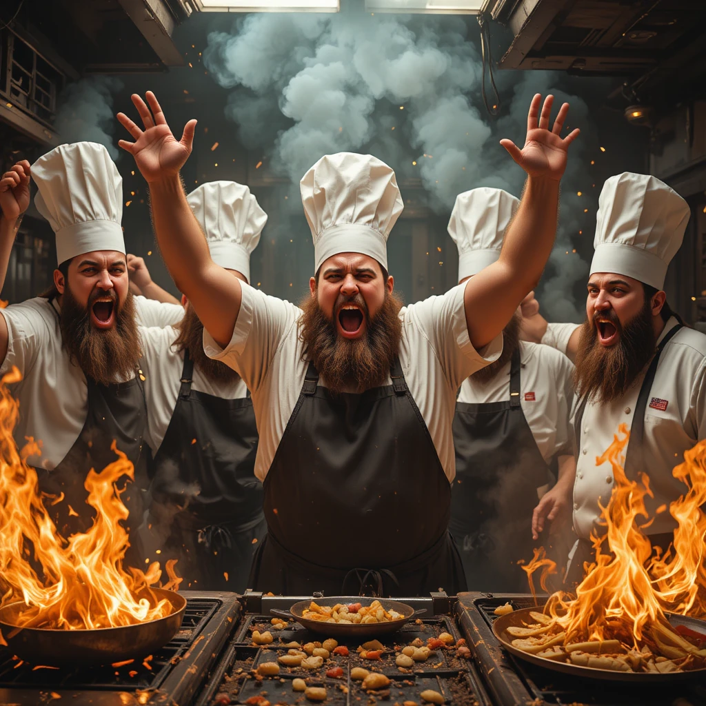 Angry chefs shouting in a chaotic flaming kitchen