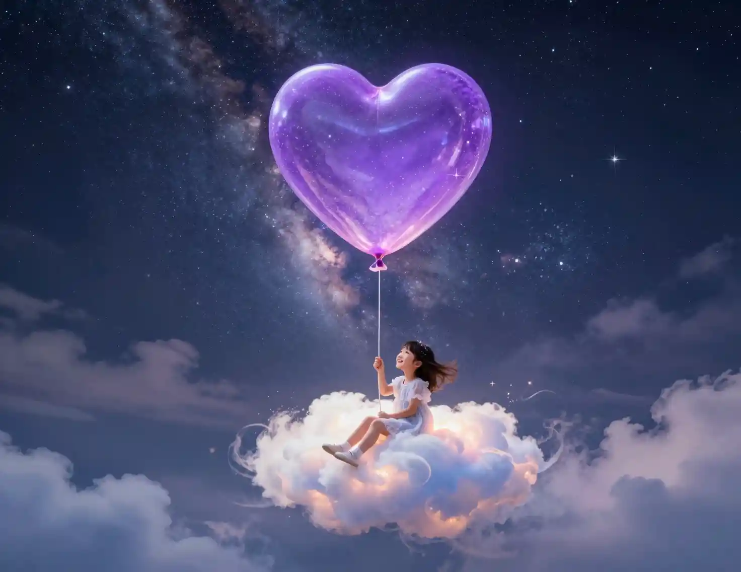 Little girl on glowing cloud beneath a heart balloon