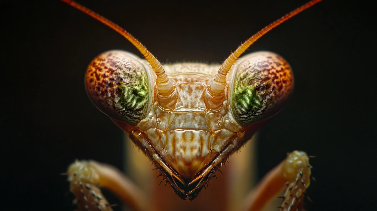 Extreme macro portrait of a praying mantis face in shadow