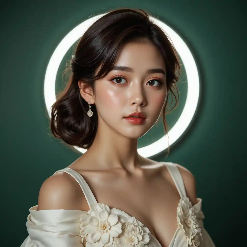 Cinematic portrait of a Korean woman with neon halo