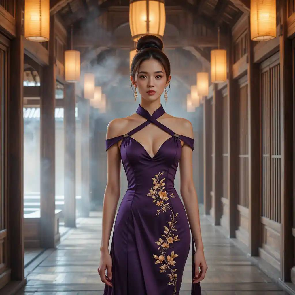 Korean woman in purple cheongsam in a rustic onsen hallway