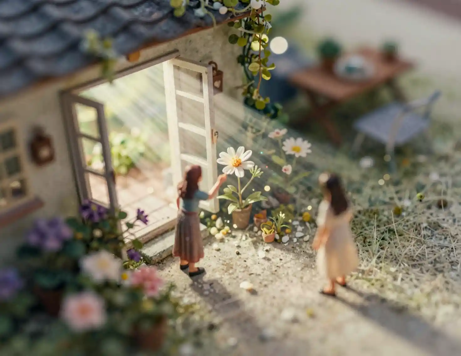 Woman admiring a flower in cinematic high angle view
