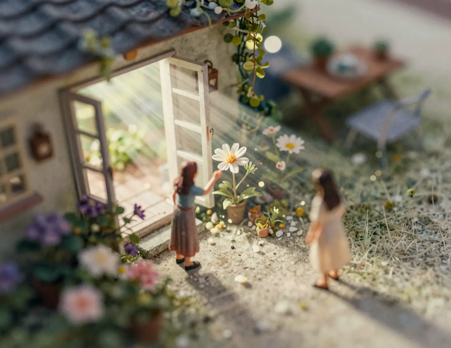 Donna che ammira un fiore in vista dall’alto cinematografica