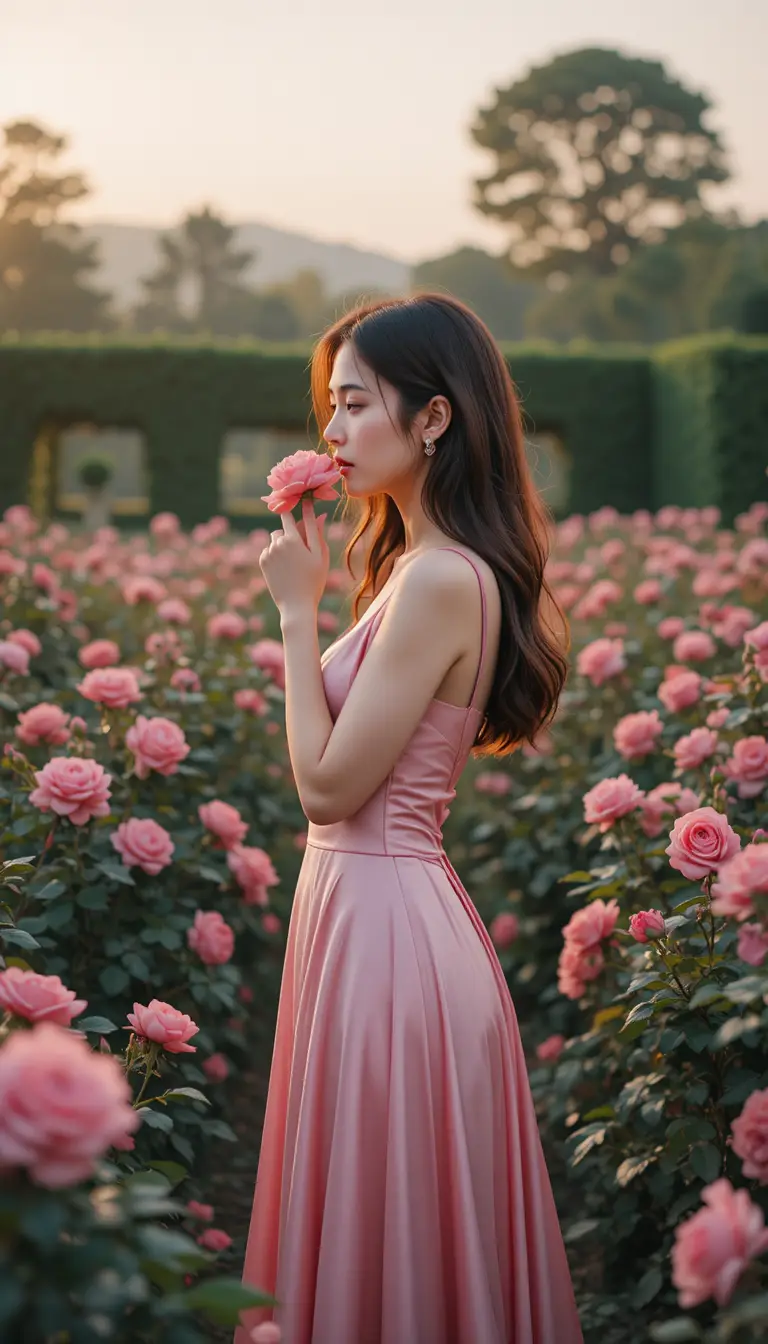 Koreanisches Mädchen im rosa Slipkleid, das in der Dämmerung an einer Rose riecht
