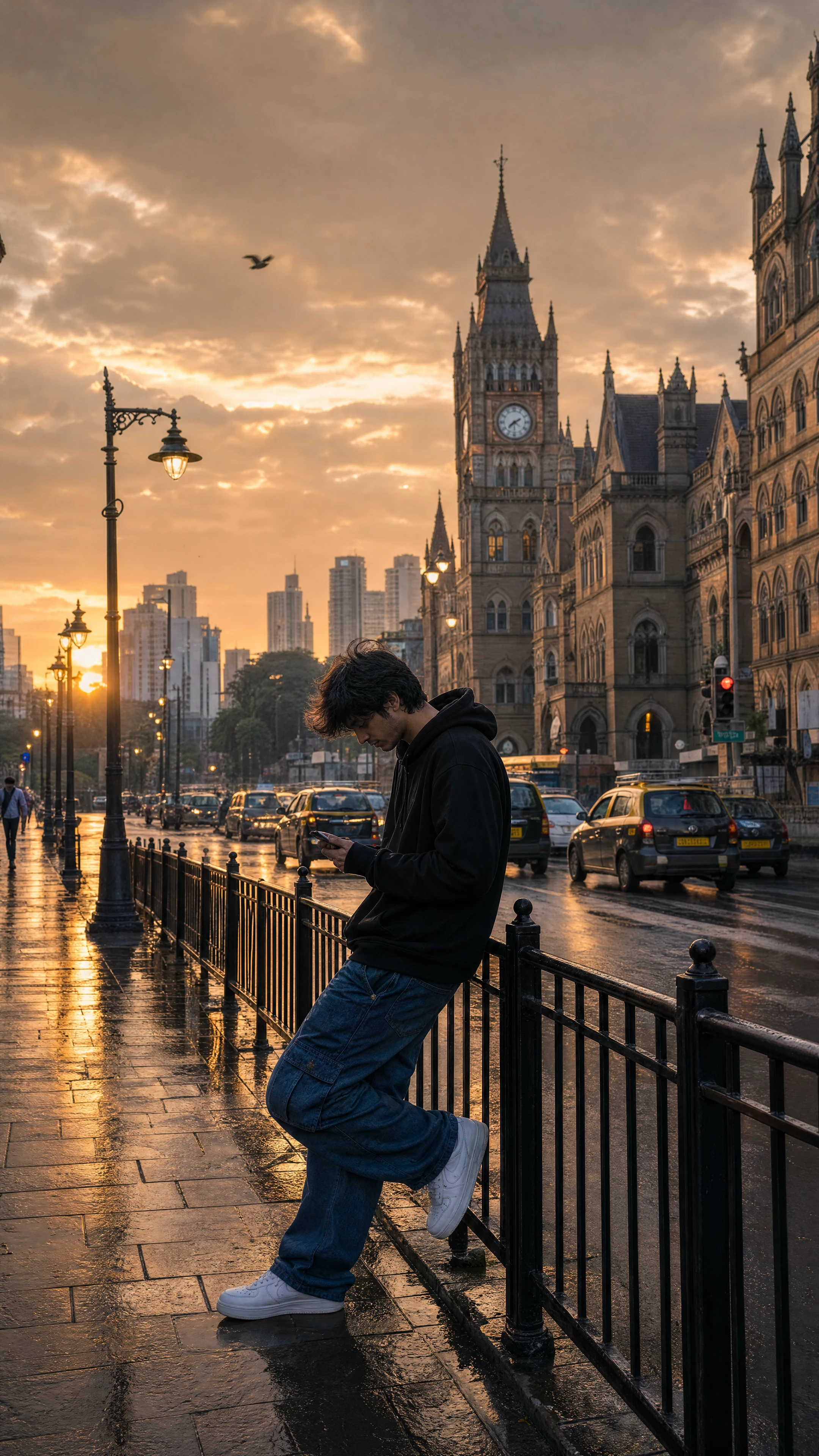 Joven en una calle lluviosa de Bombay al atardecer