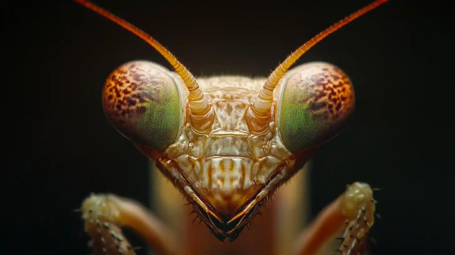 Extreme macro portrait of a praying mantis face in shadow