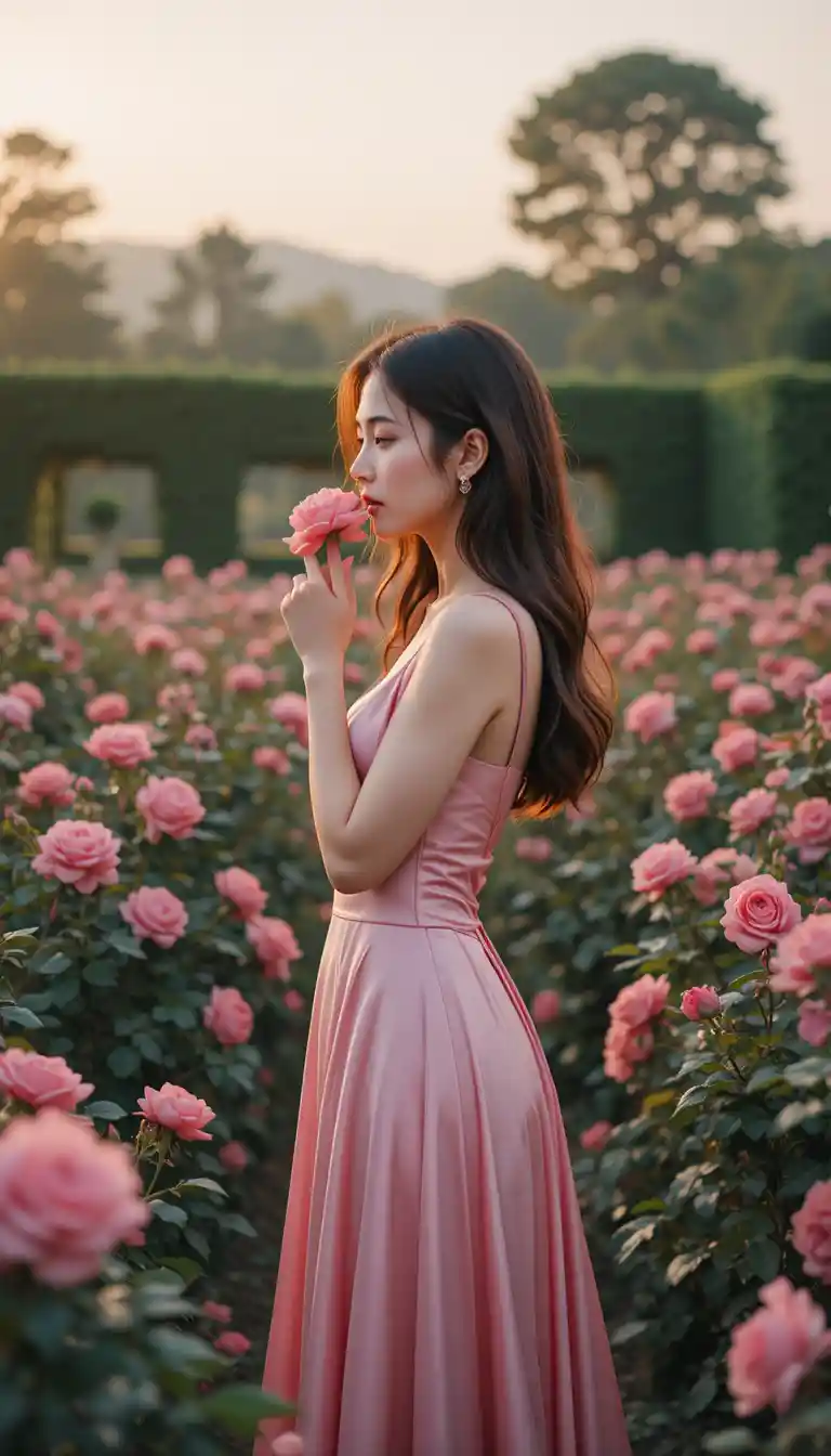 Korean girl in pink slip dress smelling a rose at dusk