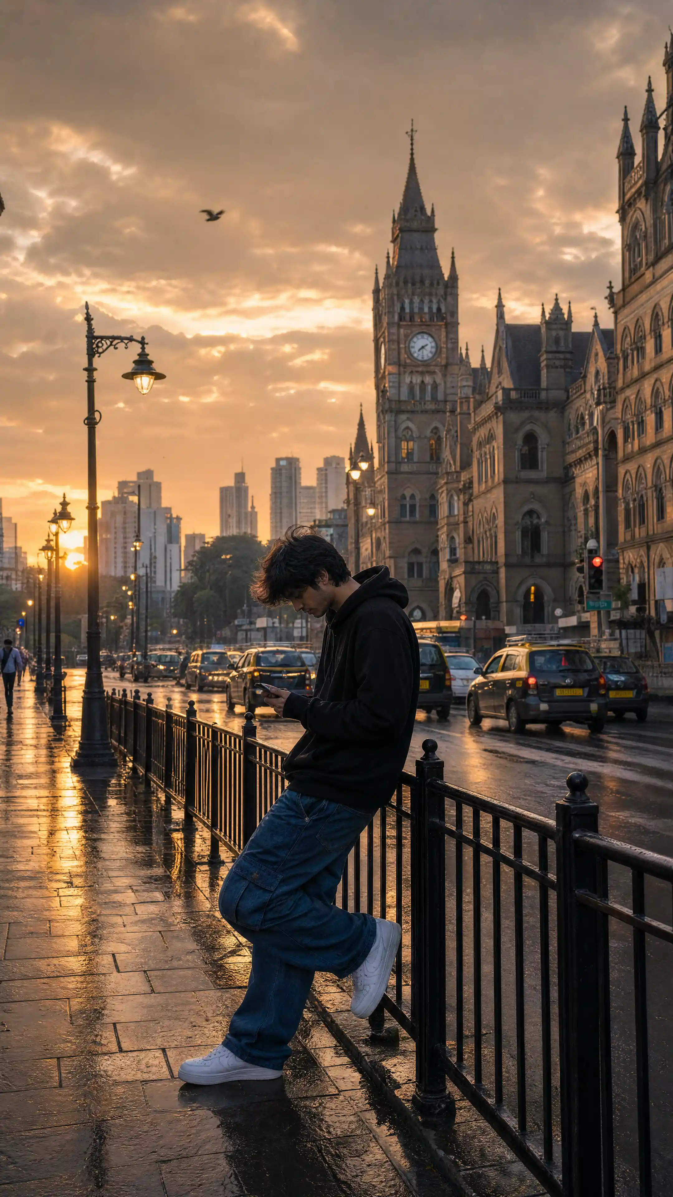 Young man on rainy mumbai street at sunset