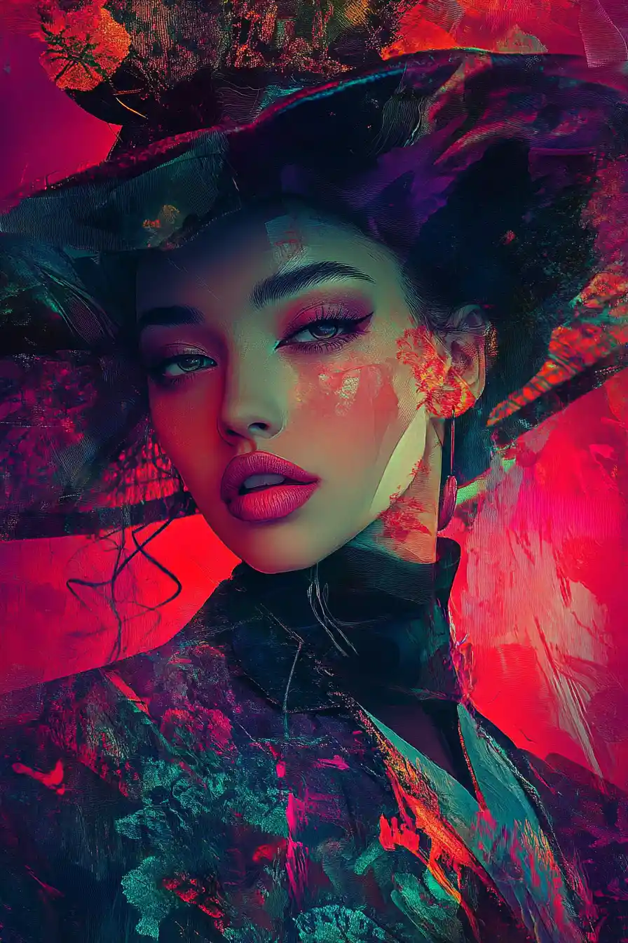 Glamorous geisha supermodel posing in neon abstract colors