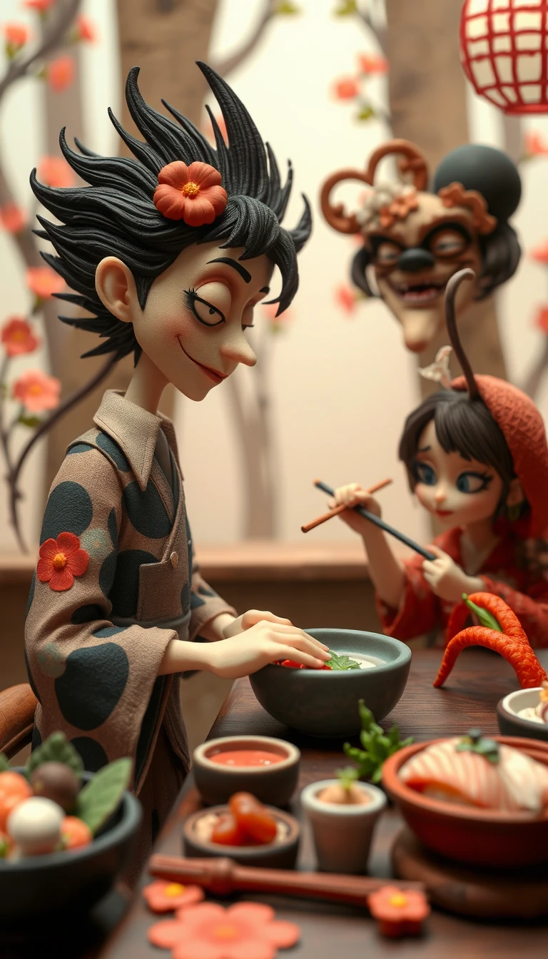 Whimsical clay chefs cooking in a flowery forest restaurant