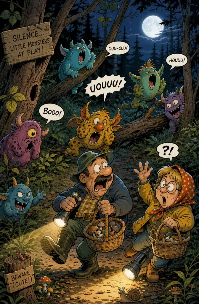 Playful comic monsters wandering through a mysterious forest