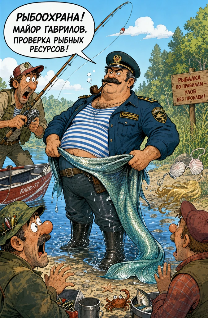 Cartoon comic illustration of a humorous fisherman and mermaid