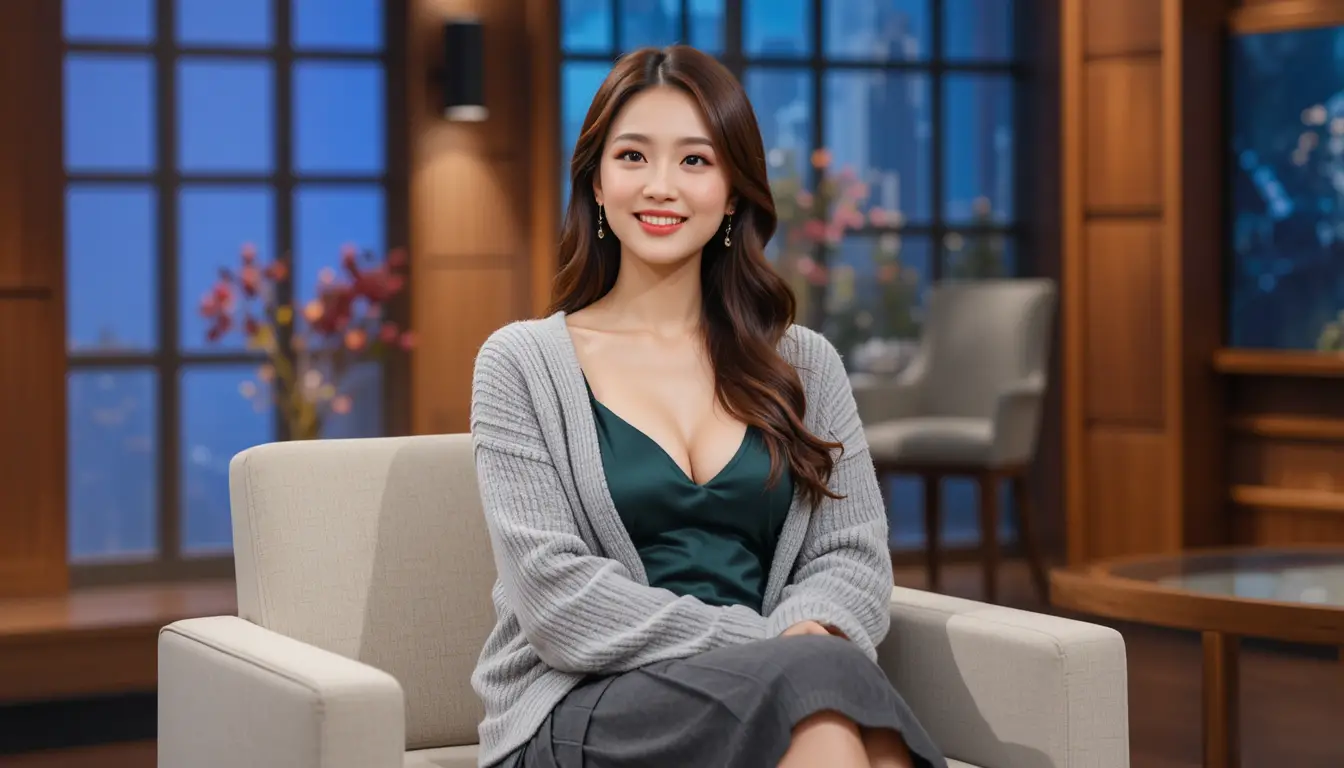 Korean college girl smiling as a guest on talk show