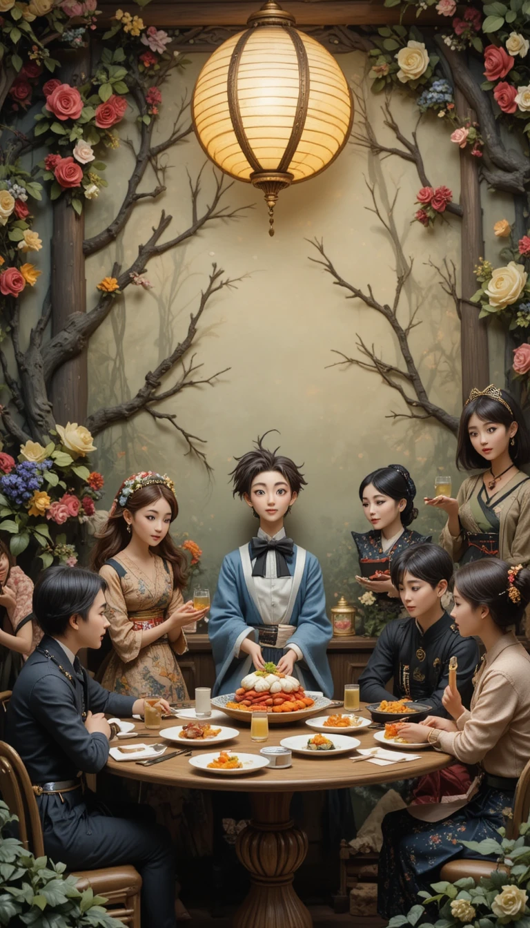 Whimsical clay chefs in a flowery forest restaurant