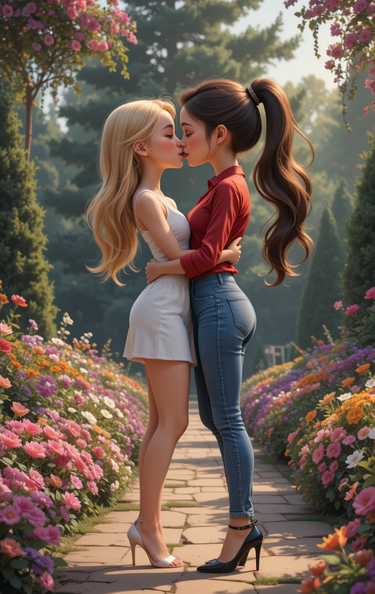 Two young women kissing in a colorful flower garden