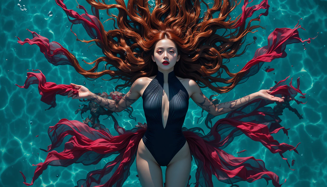 Korean college girl floating serenely in clear turquoise water
