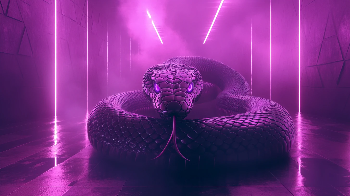 Serpiente con escamas brillantes en pasillo oscuro iluminado con neón