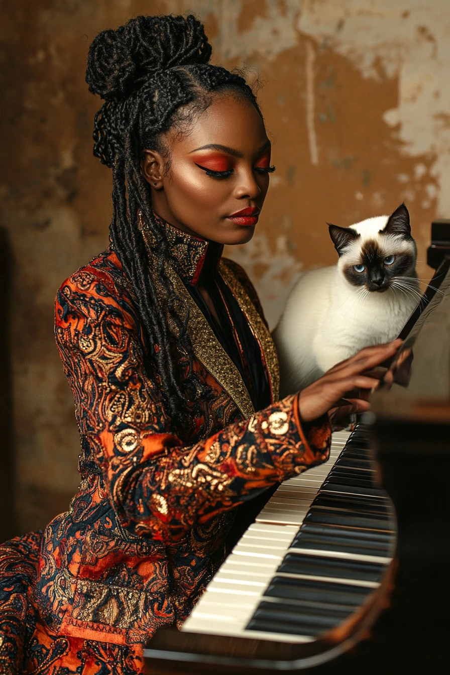 Woman at ornate piano with cat in warm light