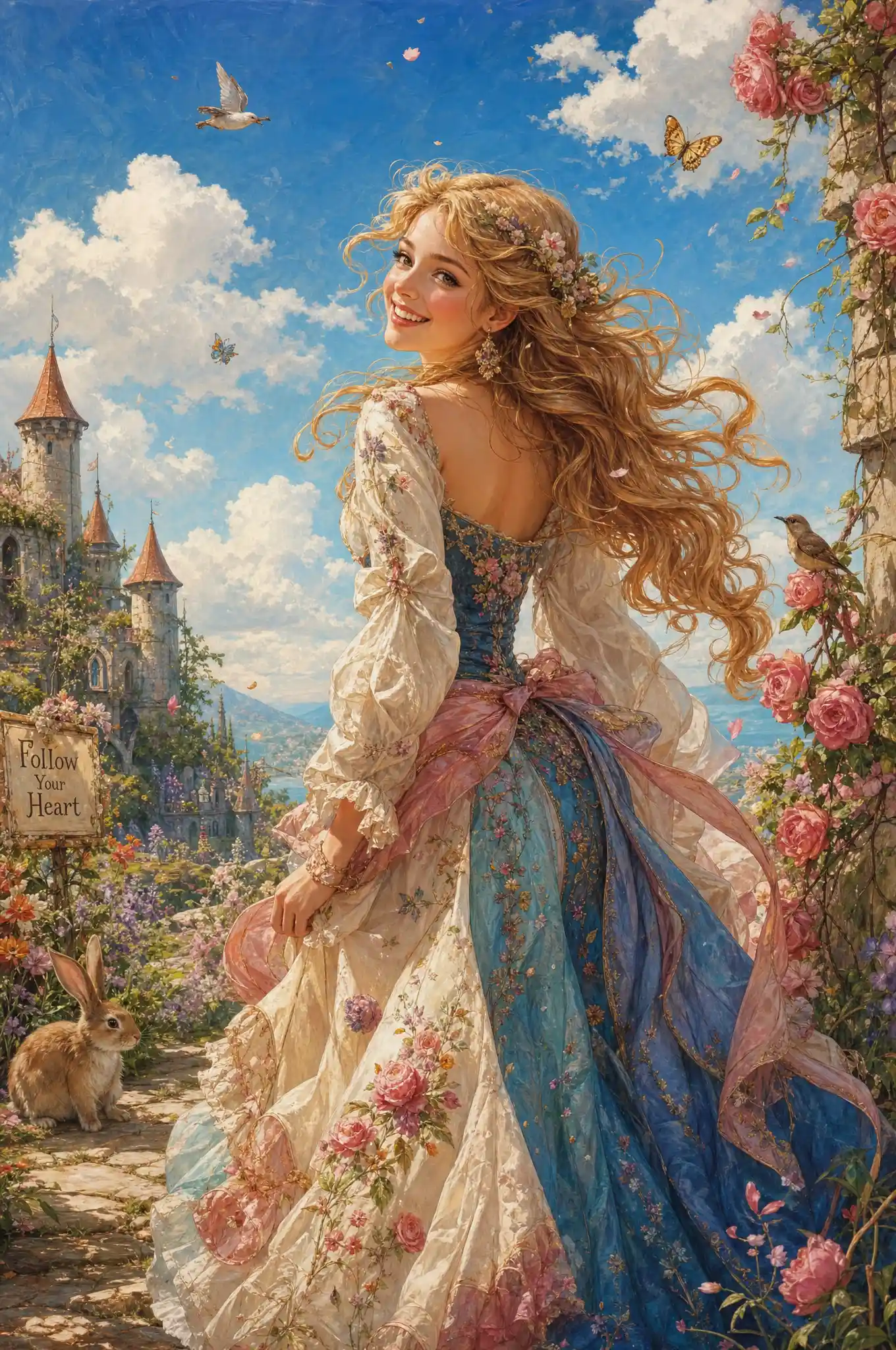 Joyful woman in a flowing renaissance gown under blue sky