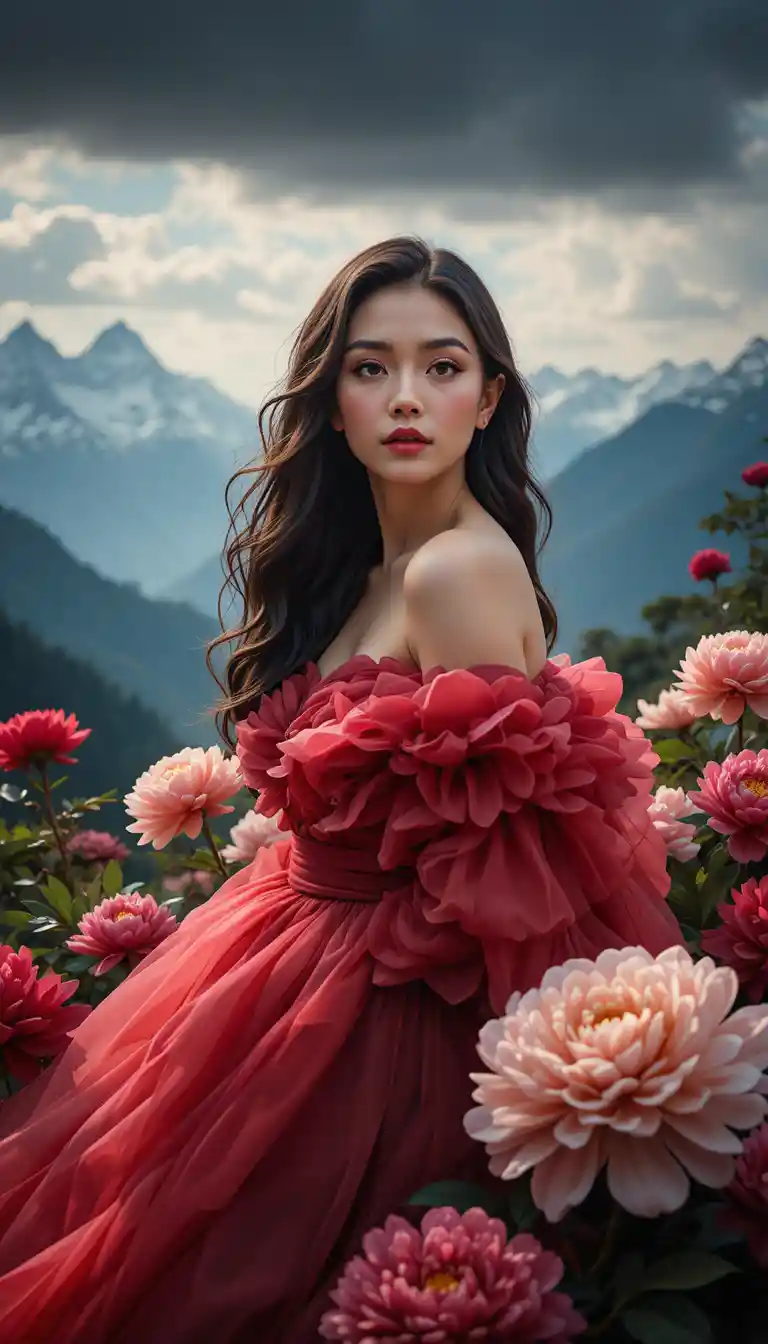 Woman in red gown among peonies with alpine mountains