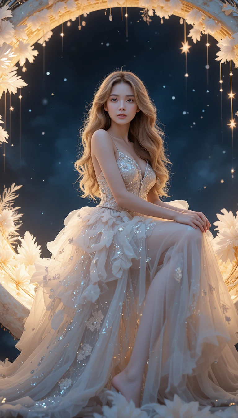 Woman in shimmering gown sitting on a glowing moon
