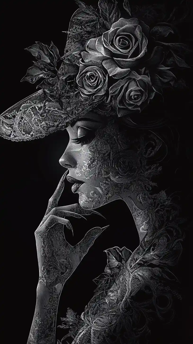Gothic sorceress in profile with lace veil and roses