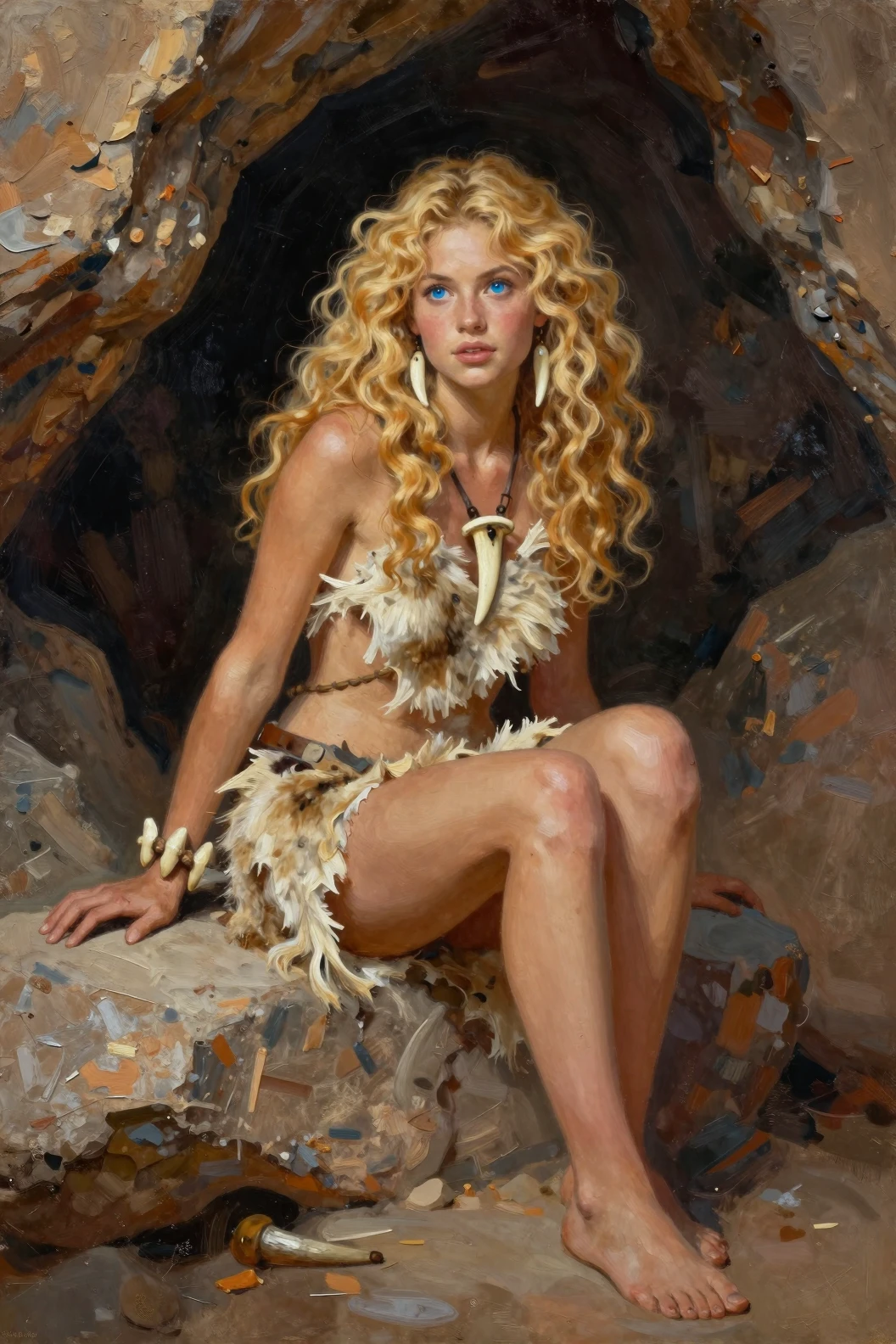 Blonde cavewoman resting on rocky ledge inside cave