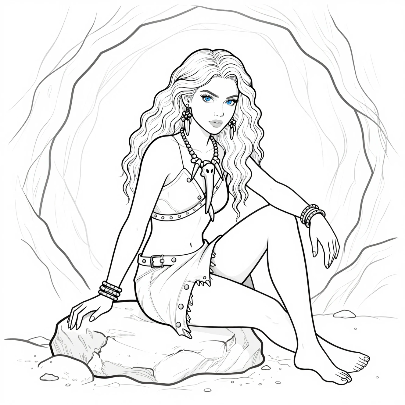 Blonde cavewoman in leather gown seated inside a rocky cave