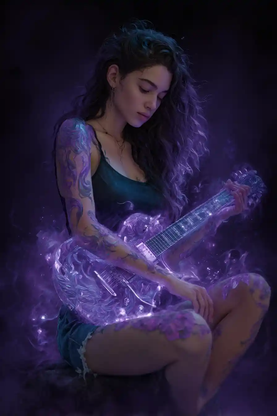 Violet tattooed woman with glowing electric guitar