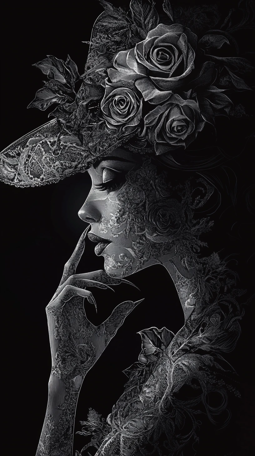 Gothic sorceress in profile with lace veil and roses