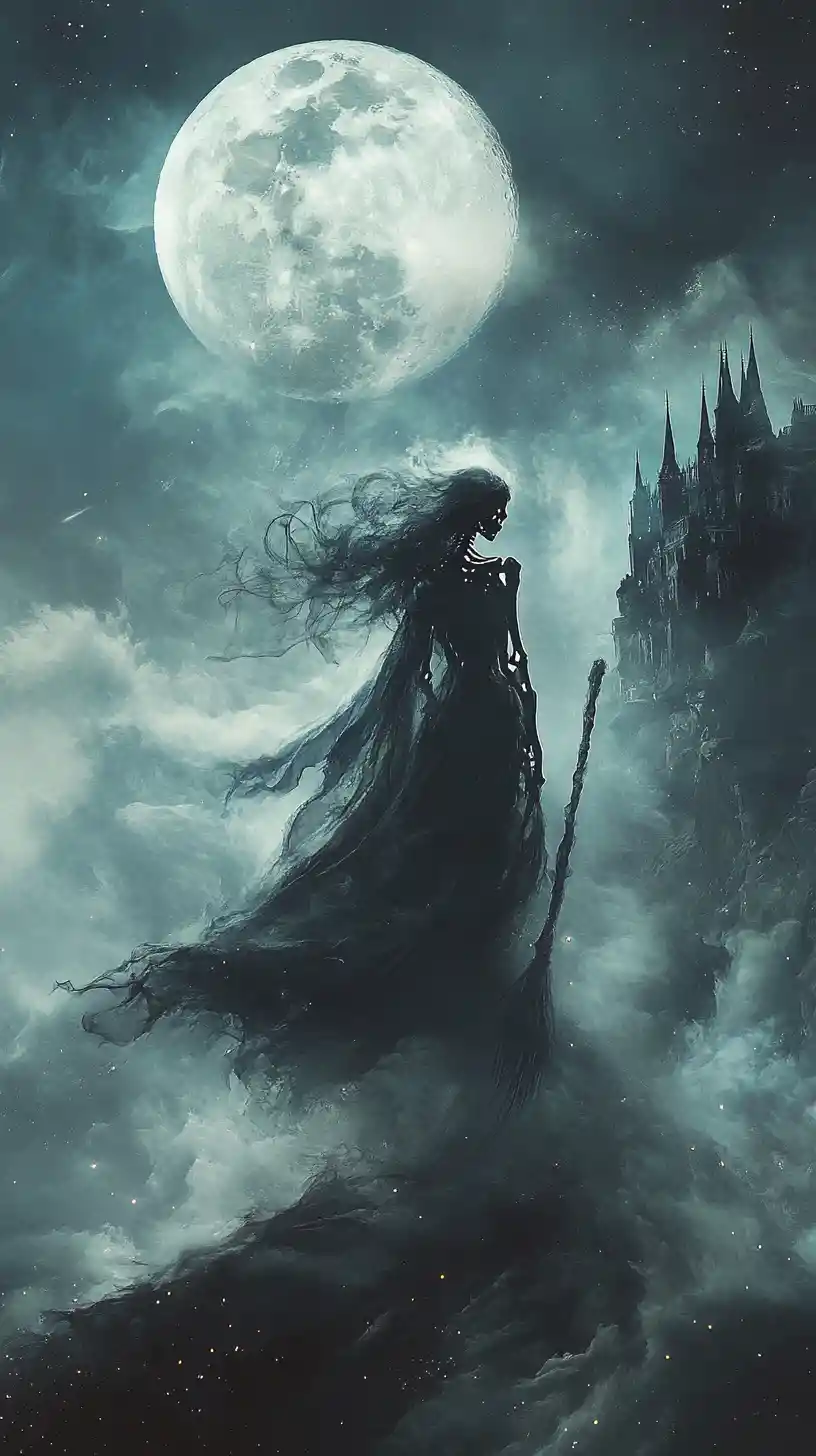 Skeletal witch flying through mist before a gothic moonlit castle