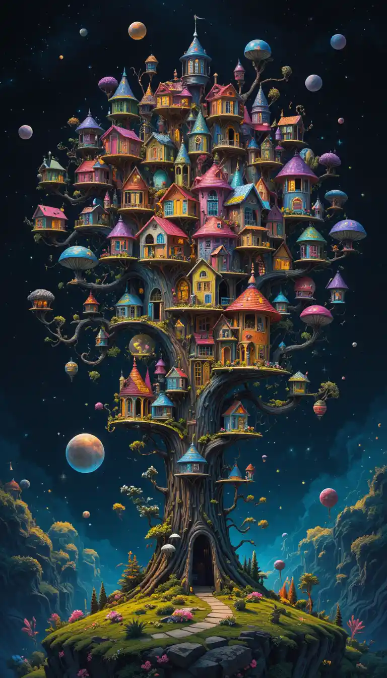 Whimsical treehouse village in a vibrant fantasy tree