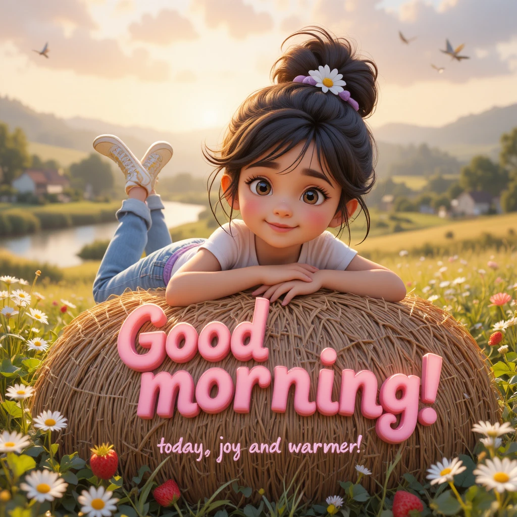 Little girl on hay bale in sunny country morning