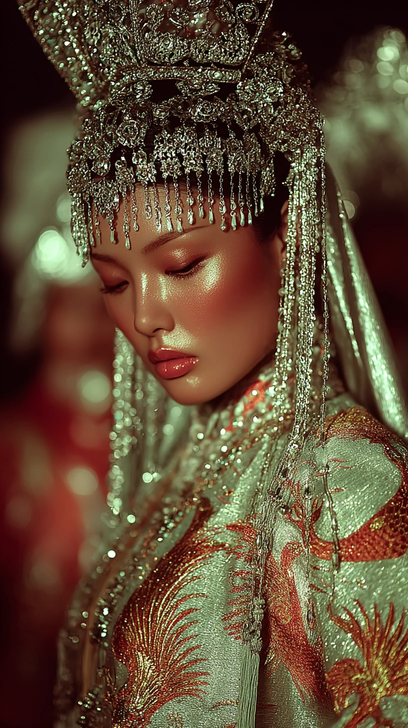 Ethereal ceremonial bride in silver crown and hanfu robes