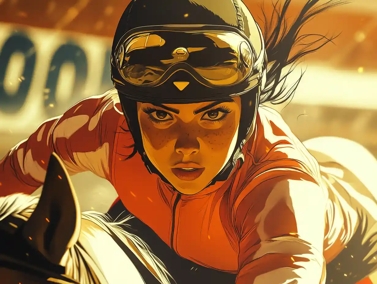 Illustration en très gros plan d’une jockey féminine à cheval