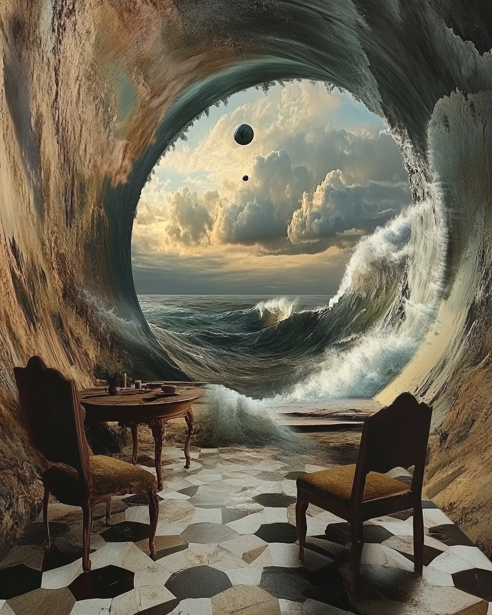 Obra surreal de ilusión óptica con múltiples imágenes en capas