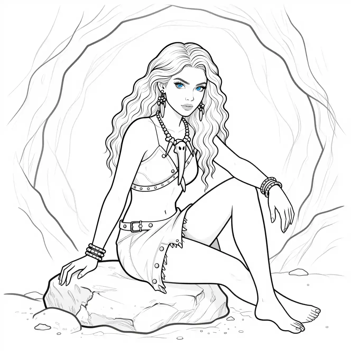 Blonde cavewoman in leather gown seated inside a rocky cave