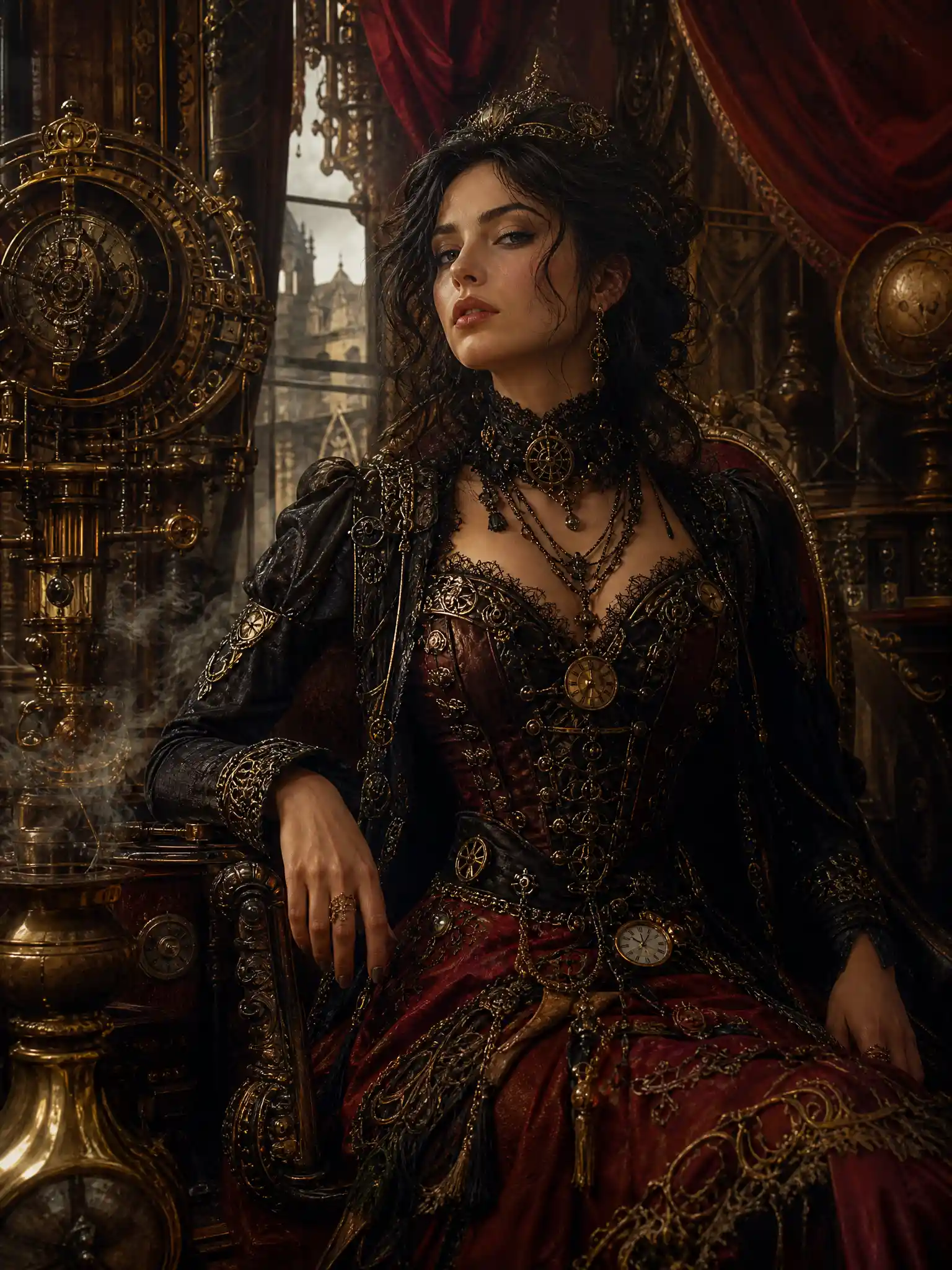 Regal steampunk woman in a lavish fantasy interior