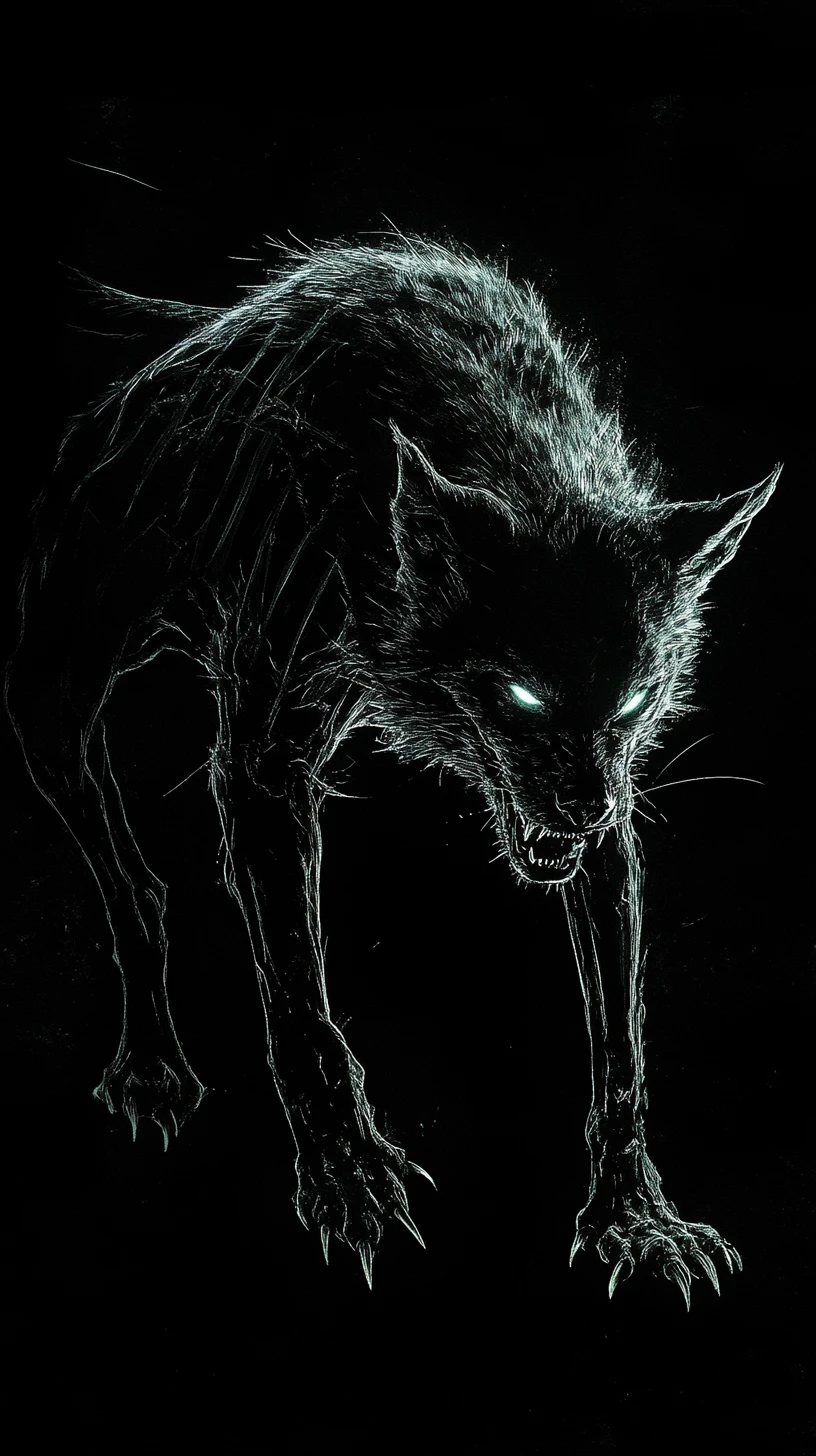 Gaunt hellhound emerging from darkness in stark line art