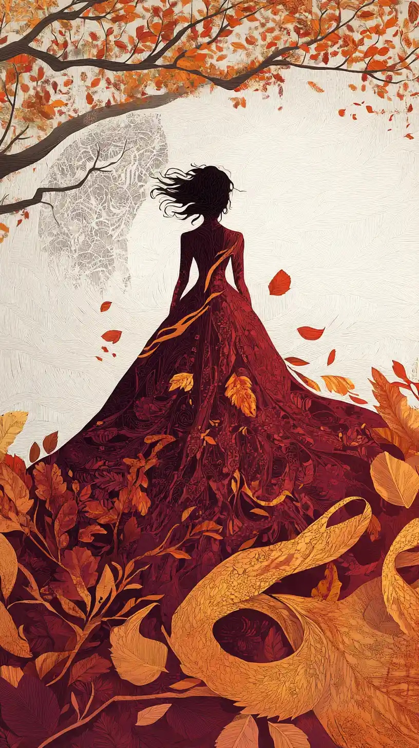 Opulent autumn gown floating among suspended falling leaves