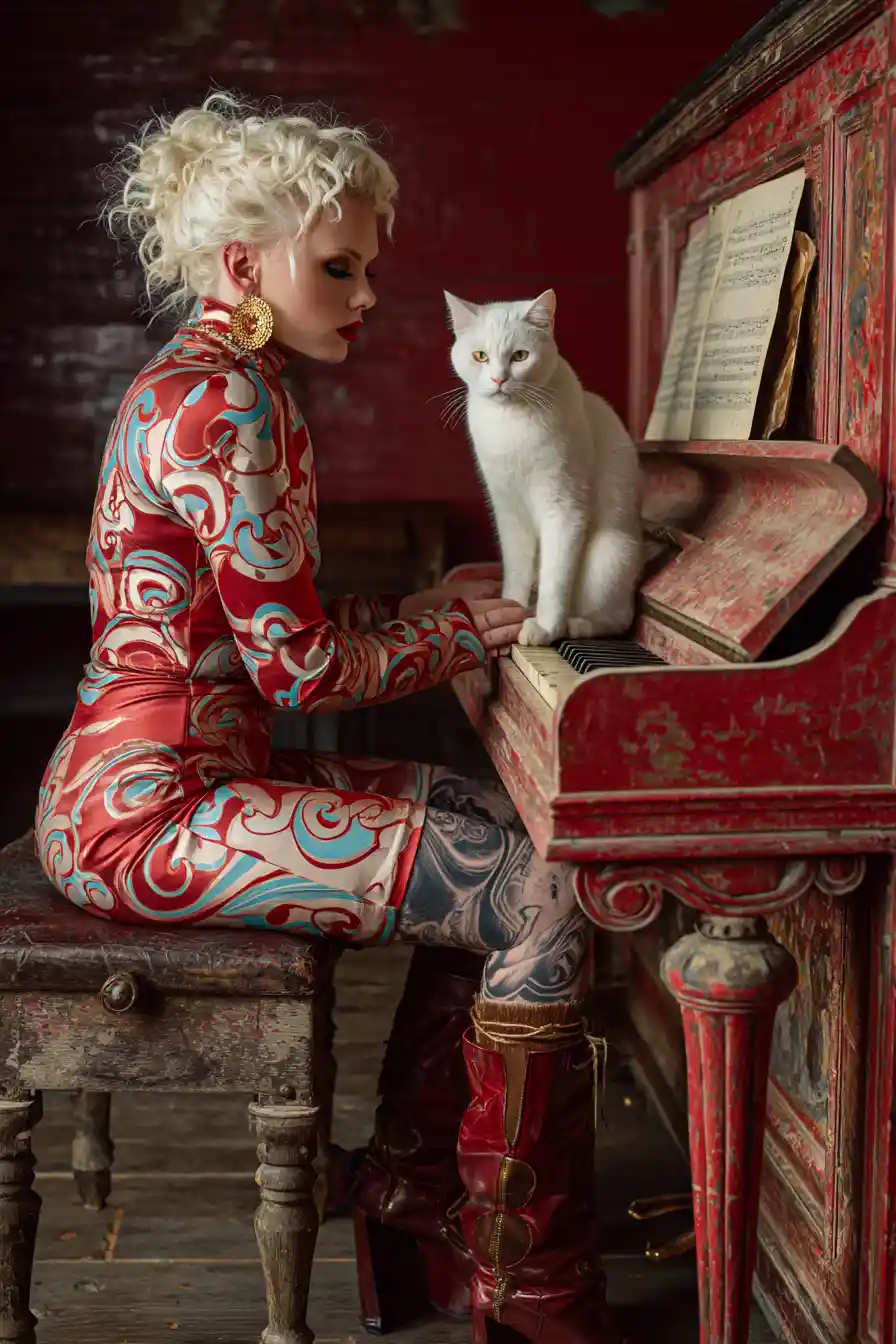 Woman in red at vintage piano with white cat