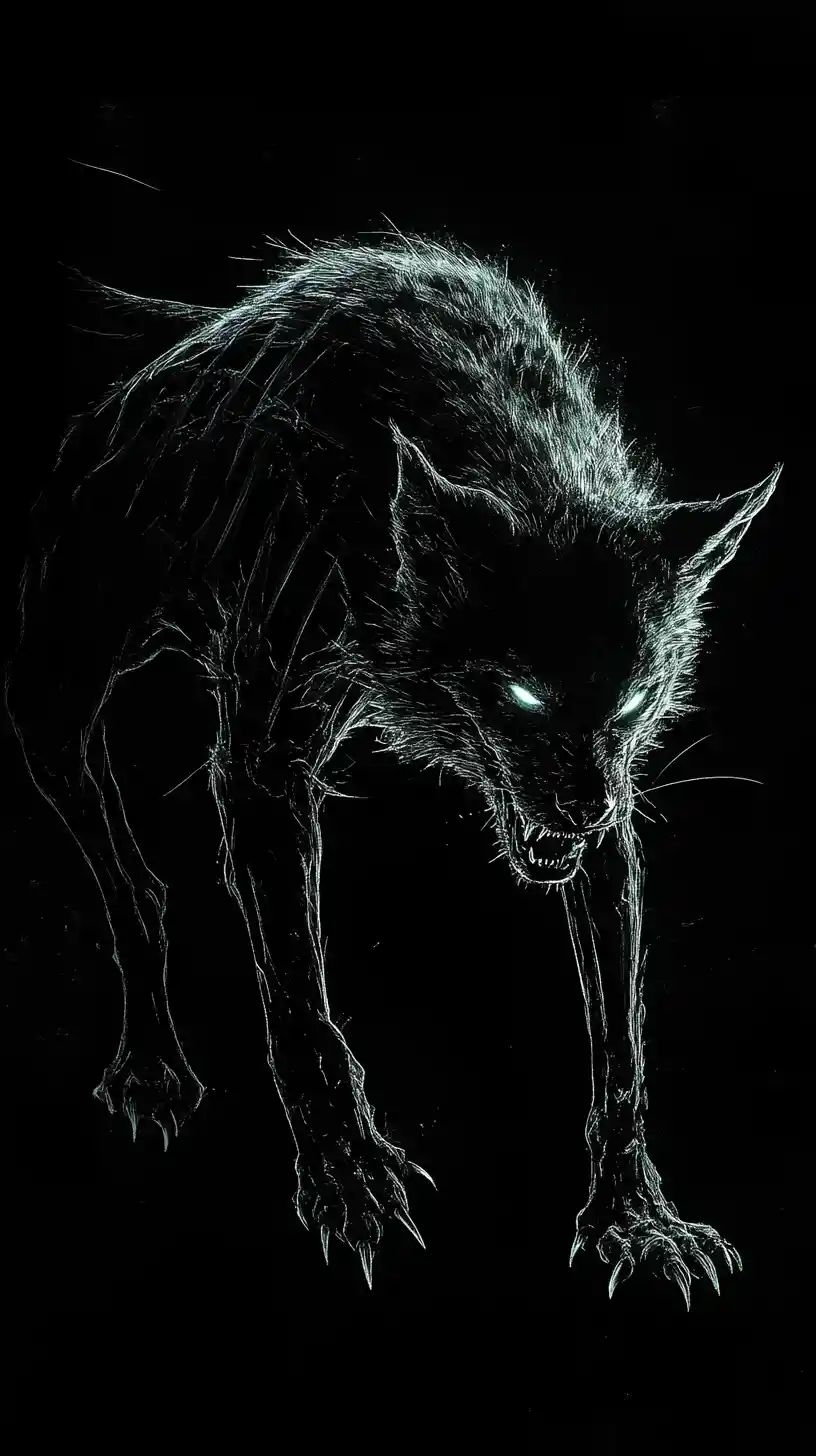 Gaunt hellhound emerging from darkness in stark line art